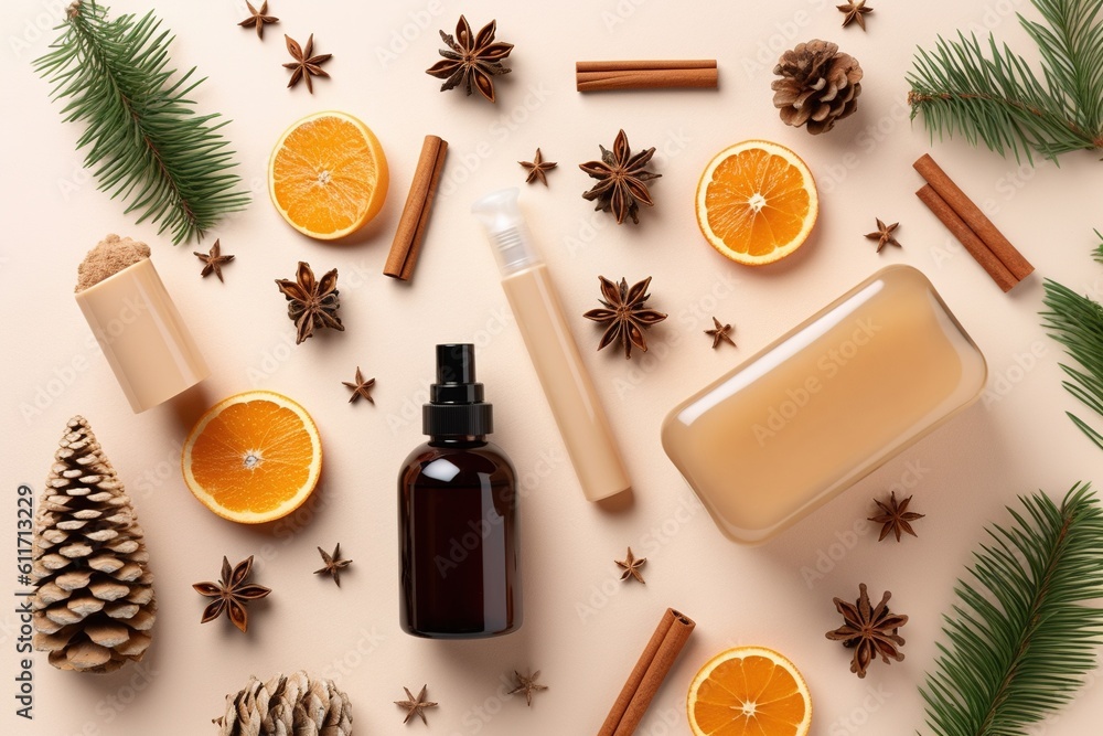 season skincare concept. Top view photo of cosmetic bottles Christmas ornaments baubles snowflakes season skincare concept. Top view photo of cosmetic bottles Christmas ornaments baubles snowflakes