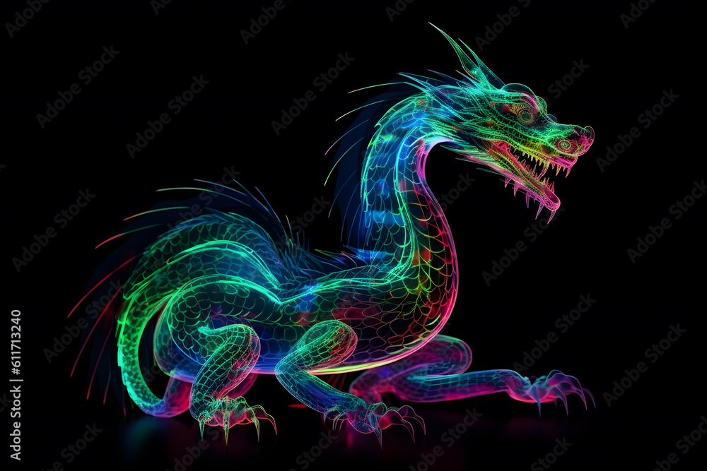 Neon light oriental dragon illustration. Generative AI Neon light oriental dragon illustration. Generative AI