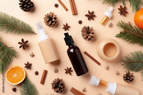 season skincare concept. Top view photo of cosmetic bottles Christmas ornaments baubles snowflakes