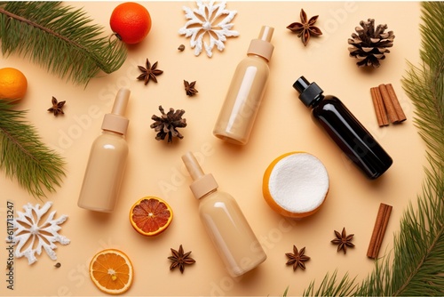 season skincare concept. Top view photo of cosmetic bottles Christmas ornaments baubles snowflakes