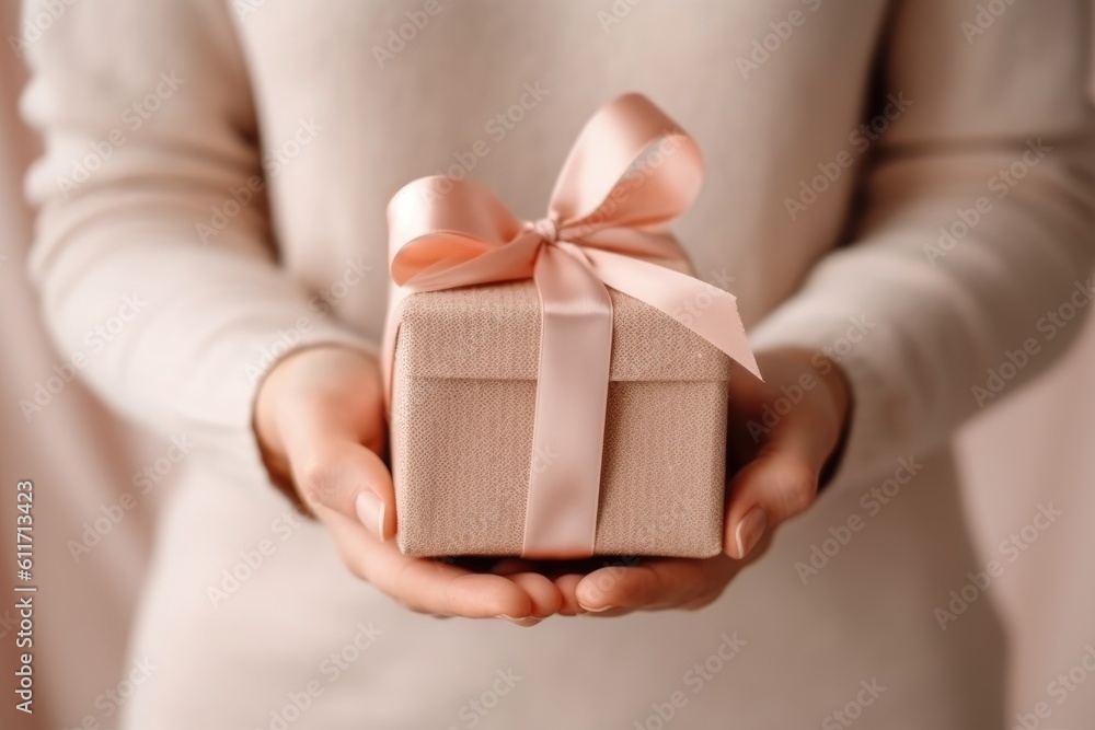 hands holding small gift with ribbon, AI generative hands holding small gift with ribbon, AI generative