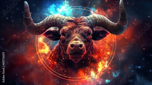 Taurus zodiac sign on the background of the cosmic nebula. Astrological calendar. Esoteric horoscope and divination concept. Built with Generative AI
