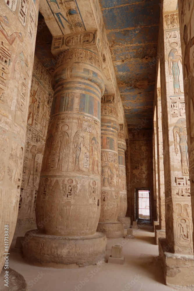 Inscriptions on the columns of the mortuary temple of Medinet Habu in Luxor in Egypt