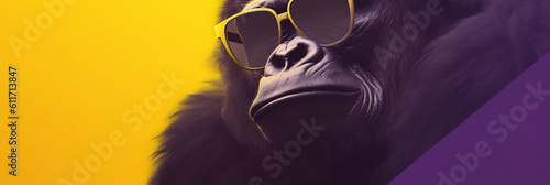 Fabulous big purple boss gorilla with tinted sunglasses on a yellow background, banner, generative AI photo