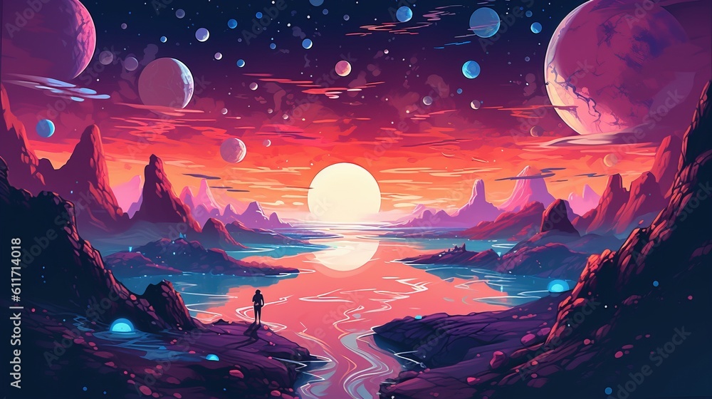 A surreal space landscape with planets and stars floating in the sky. Fantasy concept , Illustration painting. Generative AI