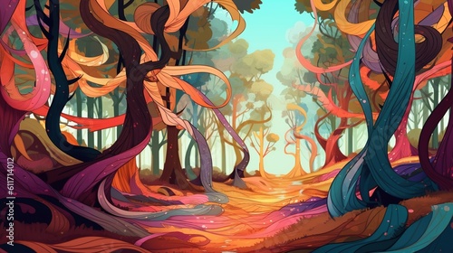 A surreal forest with trees made of ribbons. Fantasy concept   Illustration painting. Generative AI