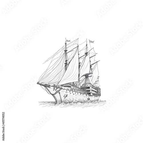 Retro sailing ship sailing on waves. Hand drawn vector sketch of. wooden frigate shipe Nautical retro water transport in vintage engraving style