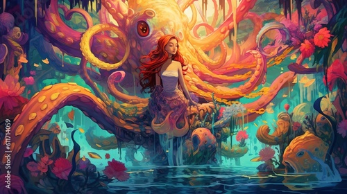 A surreal underwater scene with a mermaid and a giant octopus. Fantasy concept , Illustration painting. Generative AI