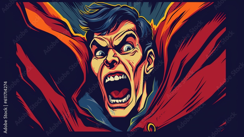 A vampire with fangs and a cape. Fantasy concept , Illustration painting. Generative AI A vampire with fangs and a cape. Fantasy concept , Illustration painting. Generative AI