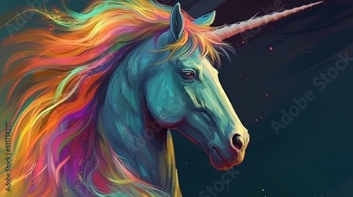 A unicorn with a rainbow mane and tail. Fantasy concept , Illustration painting. Generative AI