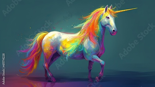 A unicorn with a rainbow mane and tail. Fantasy concept , Illustration painting. Generative AI © X-Poser