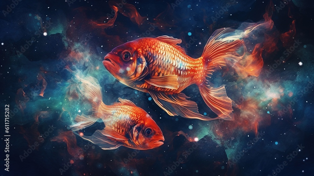 Pisces zodiac sign against space nebula background. Astrology calendar. Esoteric horoscope and fortune telling concept. Created with Generative AI