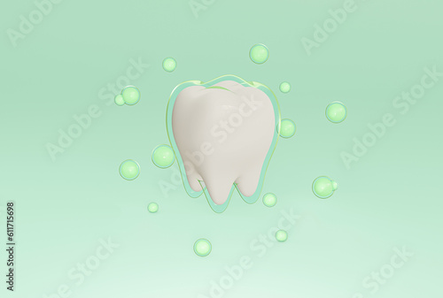 3d render of tooth with green shiny bubble on blue studio background. illustration minimal style for dental care concept.