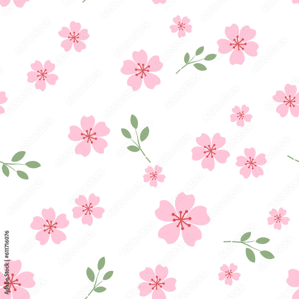 Seamless pattern with cherry blossom Sakura flower on white background vector. 