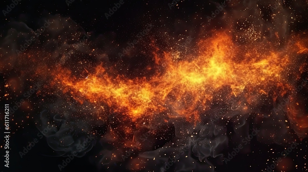 Isolated Fire Particles on Black Background - Perfect Dust and Sparks Texture Overlays for Flashing Light and Embers. Generative AI