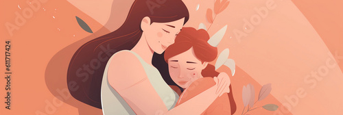 Mother's day illustration of mom and daughter hugging each other for text, banner, generative AI