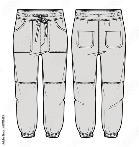 Two Panel Joggers Front and Back View. Fashion Illustration, Vector, CAD, Technical Drawing, Flat Drawing, Template, Mockup	