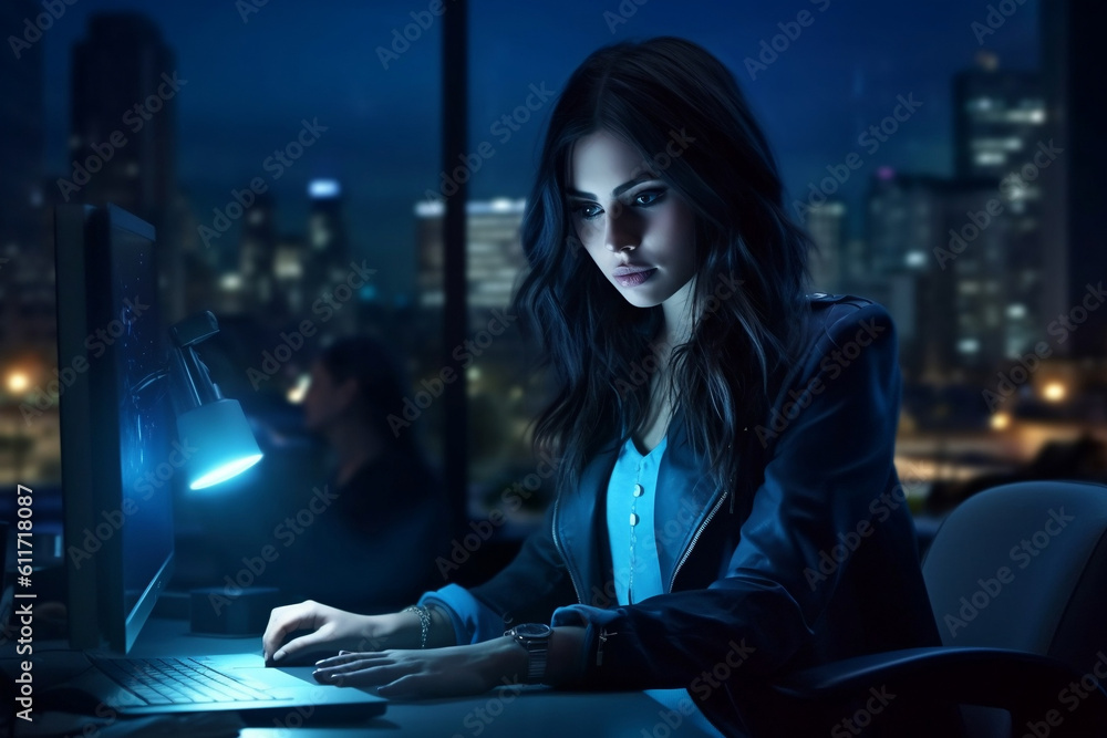 AI, A young woman working on her project at her office at night AI, A young woman working on her project at her office at night