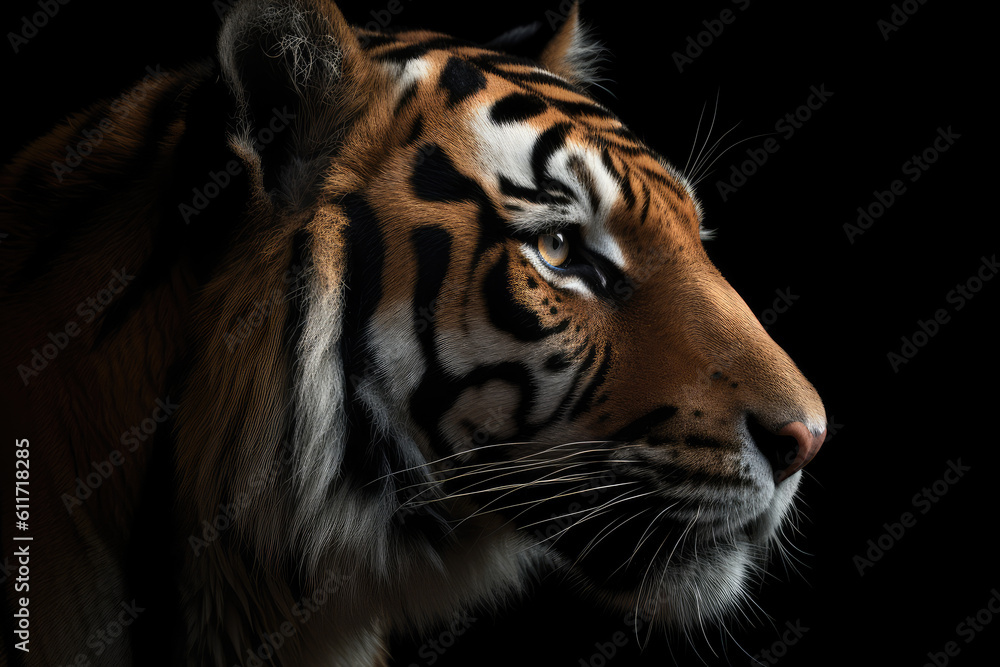 Naklejka premium tiger, black background, hyperrealistic photography, perfect composition, ai generated.