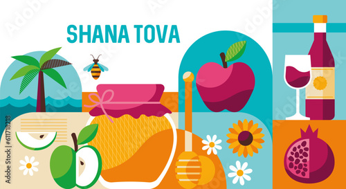 Jewish holiday Rosh Hashanah modern background with honey jar, apples and pomegranate. Template for banner, poster or greeting card. Vector illustration