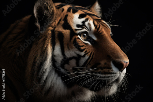 tiger  black background  hyperrealistic photography  perfect composition  ai generated.