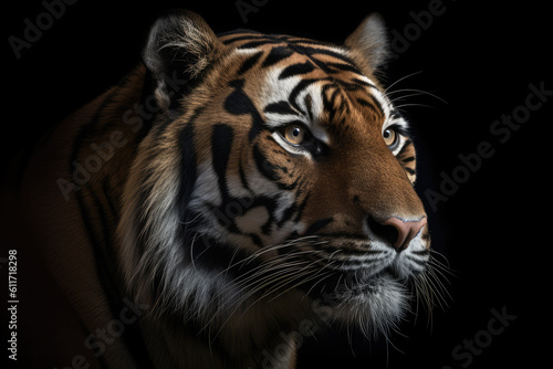 tiger, black background, hyperrealistic photography, perfect composition, ai generated.