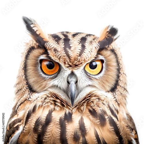 owl face shot, isolated on white background, generative AI