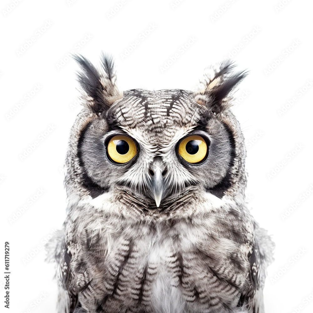 owl face shot, isolated on white background, generative AI owl face shot, isolated on white background, generative AI