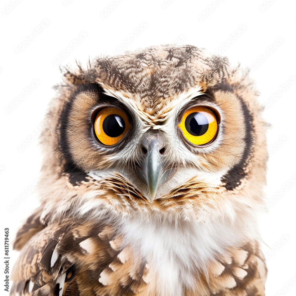 owl face shot, isolated on white background, generative AI owl face shot, isolated on white background, generative AI