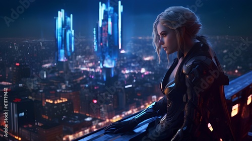 the lady is cyberpunk ninja on top of the future city building. generative AI