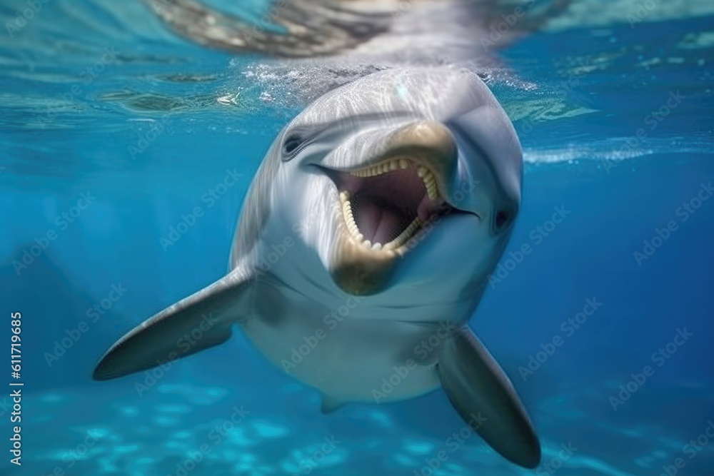Fototapeta premium cute dolphin underwater. AI generative