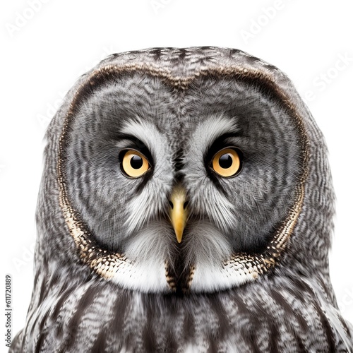 owl face shot, isolated on white background, generative AI
