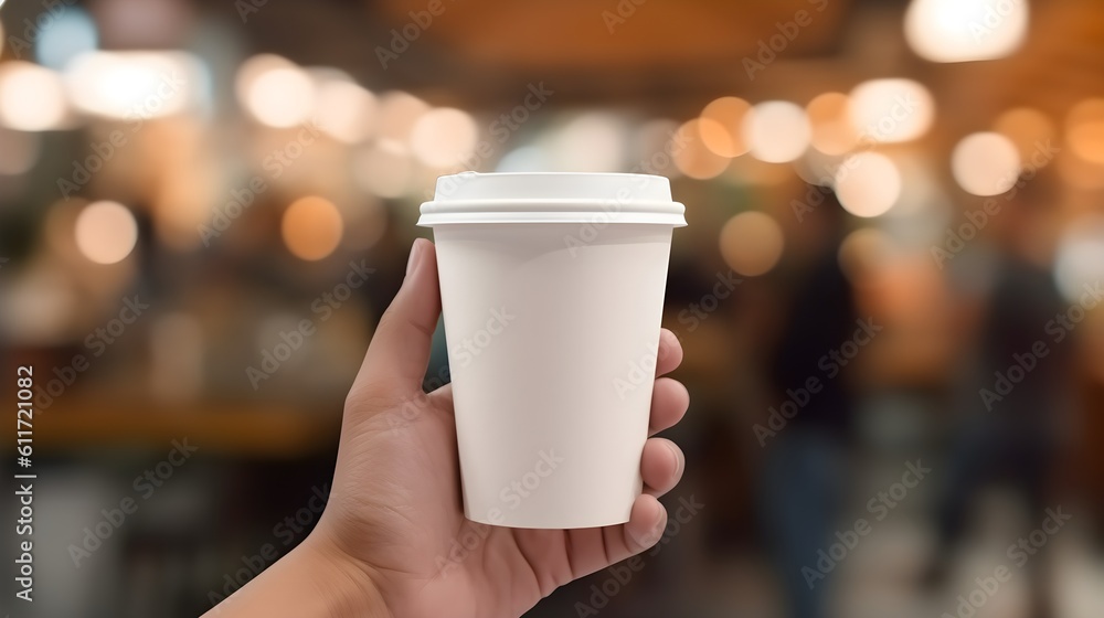 Empty coffee cup in hand isolated on blurred Cafe street background, Hand holding Blank Coffee Cup can be used for logo placement or branding element, Girl holding Paper Coffee cup in street Empty coffee cup in hand isolated on blurred Cafe street background, Hand holding Blank Coffee Cup can be used for logo placement or branding element, Girl holding Paper Coffee cup in street