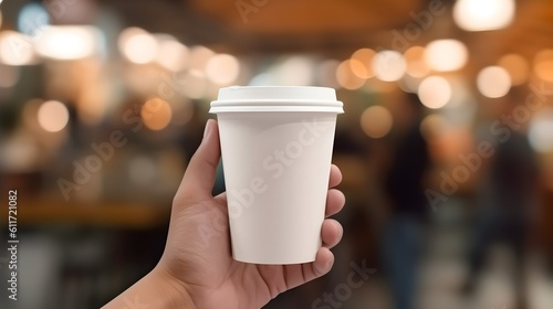 Empty coffee cup in hand isolated on blurred Cafe street background, Hand holding Blank Coffee Cup can be used for logo placement or branding element, Girl holding Paper Coffee cup in street