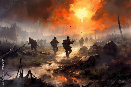 A group of soldiers in action, advancing through a war-torn landscape, showcasing the bravery and camaraderie of the troops. Generative Ai