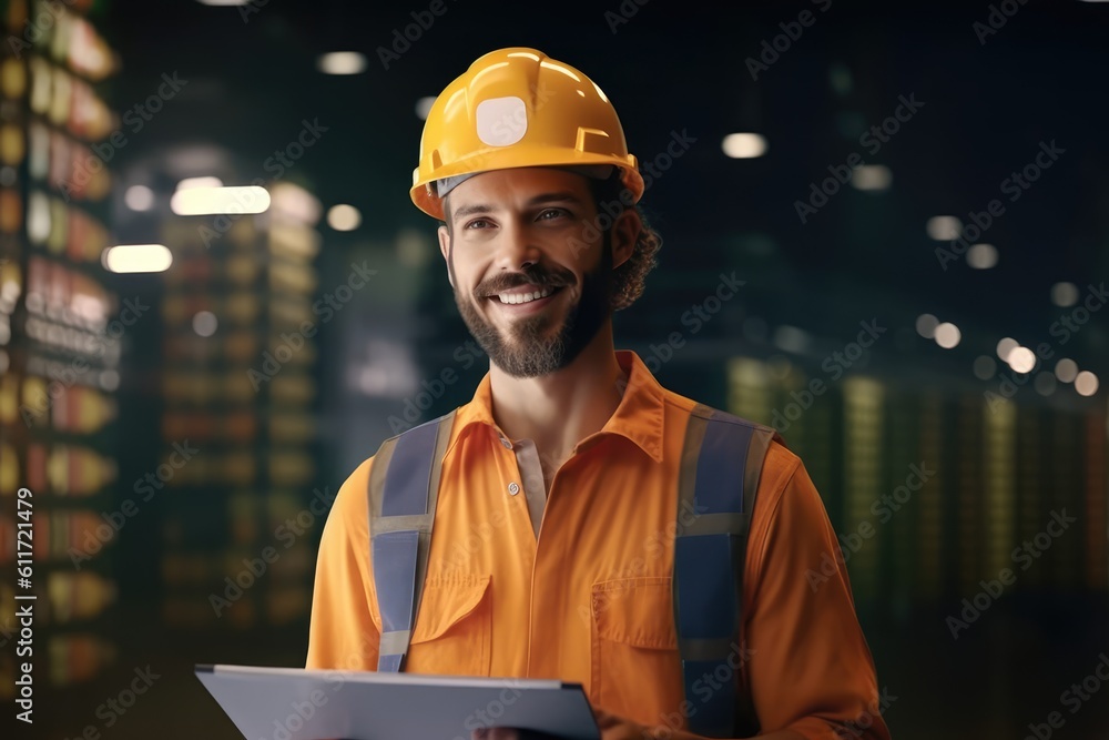 Obraz premium Smiling photo of worker man inside factory. Generative AI