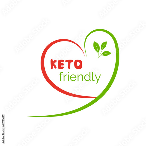 Keto friendly diet icon. Green vegetables heart badge with leaves for eco nutrition isolated on white background