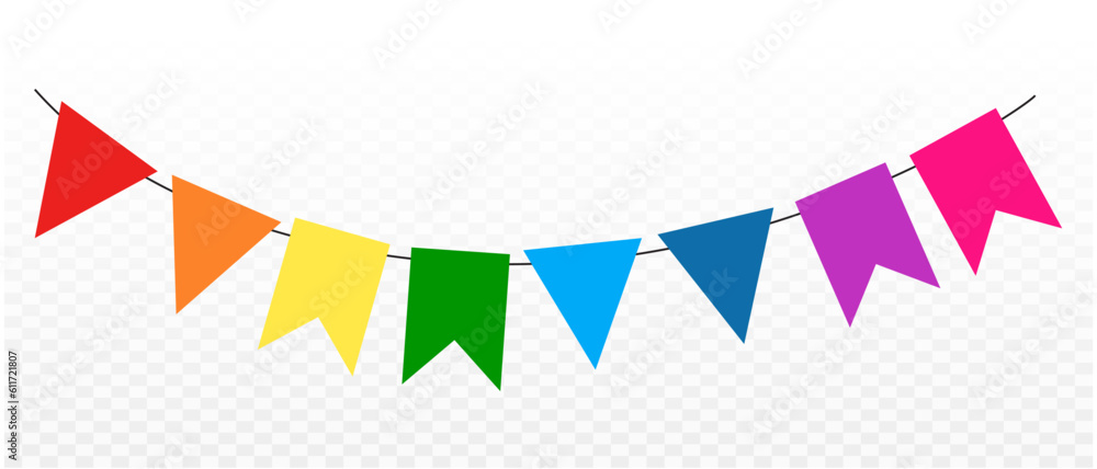 Colorful pennant bunting ribbon on transparent background. Happy carnival. Confetti festive colorful carnival illustration. Celebration background. Colorful pennant bunting ribbon on transparent background. Happy carnival. Confetti festive colorful carnival illustration. Celebration background.
