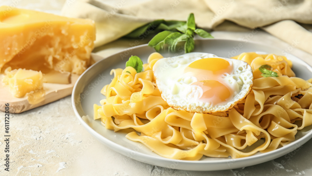 Plate with tasty pasta and fried egg on light table - generative ai Plate with tasty pasta and fried egg on light table - generative ai