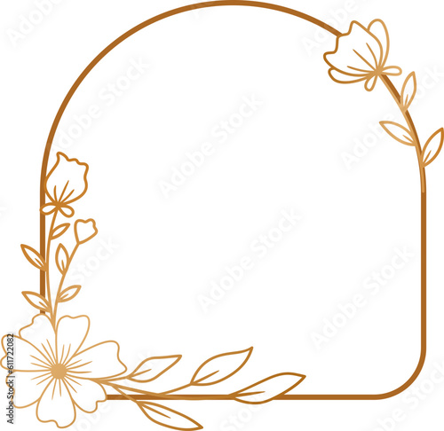 Elegant gold frame with flowers and leaves line art for wedding or engagement, greeting card, or monogram logo design