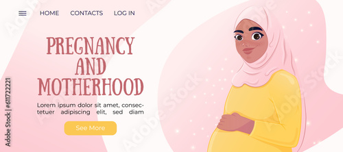 beautiful muslim pregnant woman landing page.girl hold pregnant belly