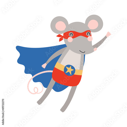 Cute funny mouse superhero in costume cartoon character illustration. Hand drawn Scandinavian style flat design, isolated vector. Kids print element, cool, brave animal, comic book super hero