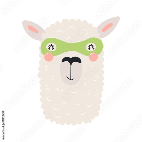 Cute funny llama superhero in costume cartoon character illustration. Hand drawn Scandinavian style flat design, isolated vector. Kids print element, cool, brave animal, comic book super hero