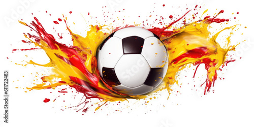 Naklejka Soccer in colorful water splashes, on white background. Abstract white background with colored floating liquids and realistic soccer with colors of the spanish flag. Generative AI