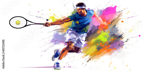 Illustration with dynamic scene of a tennis player with racket in splashes of colorful water on white background with space for text. Generative AI