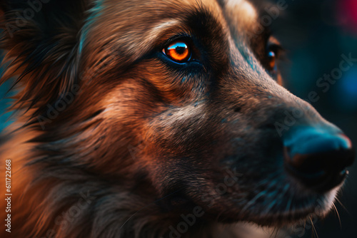 A close up of a dog's face with orange eyes a blurry background Generative Ai