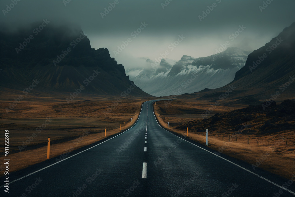An empty long straight road with mountains in the background Generative Ai