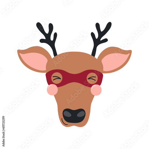 Cute funny deer superhero face in mask cartoon character illustration. Hand drawn Scandinavian style flat design, isolated vector. Kids print element, cool, brave animal, comic book super hero © Maria Skrigan