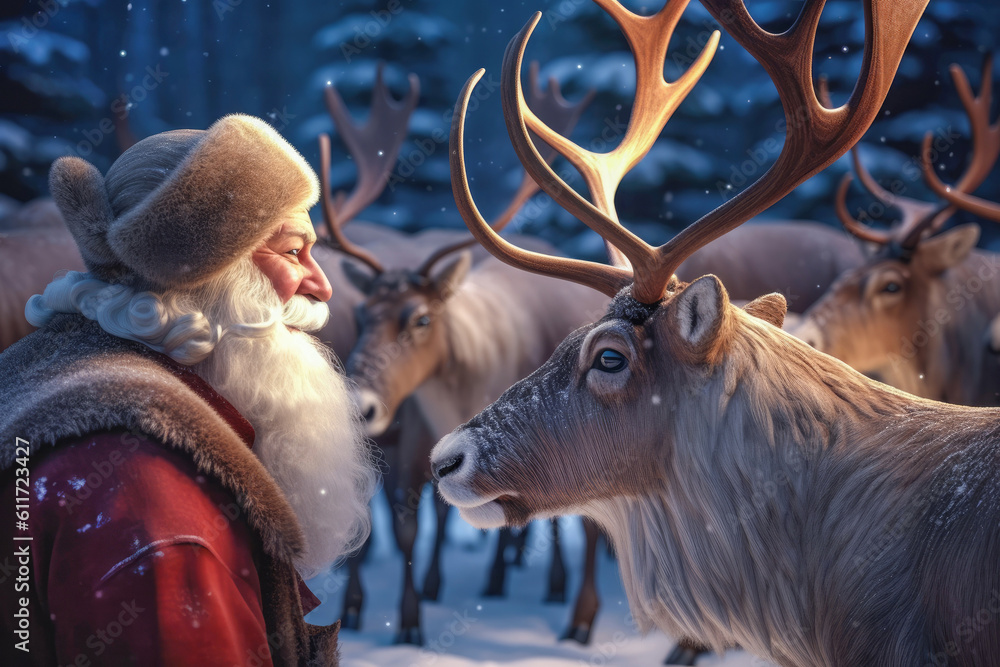 santa-claus-with-his-reindeer-at-the-north-pole-generative-ai-stock