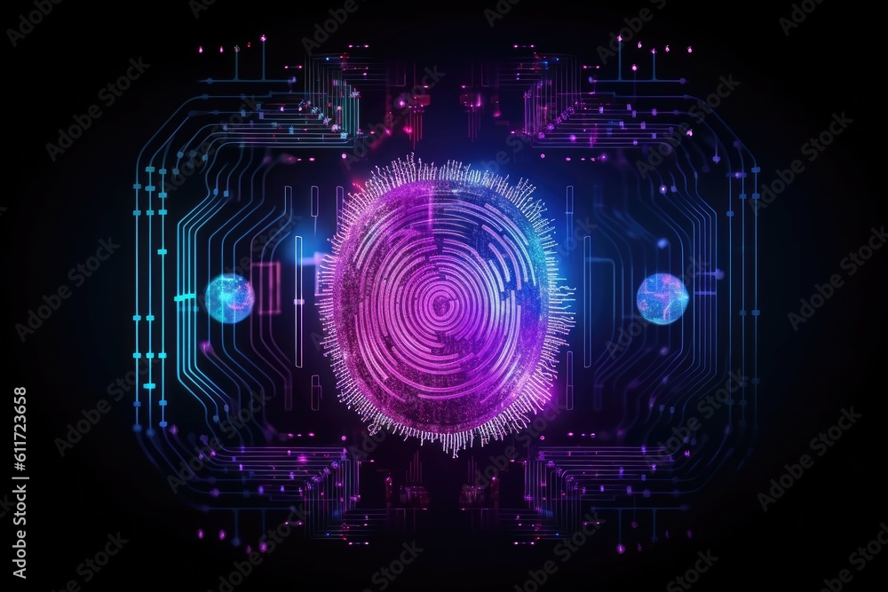 Fototapeta premium Advanced security technology, neon light background with fingerprint sensor. Generative AI